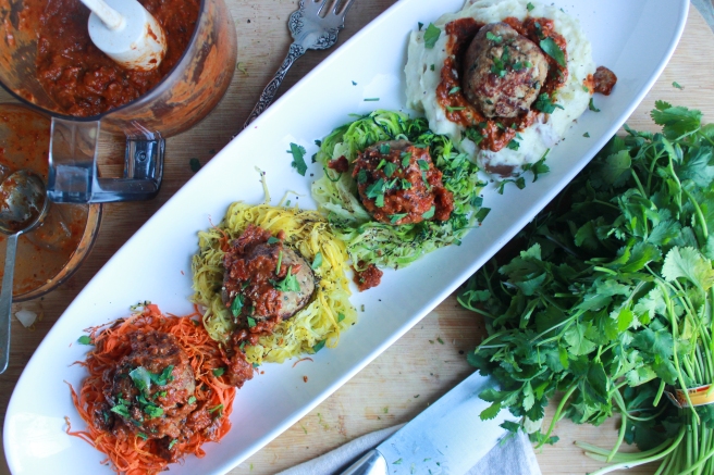 From L to R: meatballs on carrot noodles, yellow squash noodles, zucchini noodles, and garlic mashed potatoes.